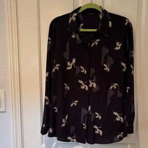 Tahari Navy Blue button down Shirt with Crane Print